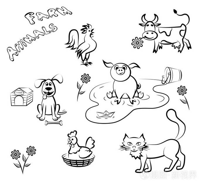 插画 一套农场动物的图像: 公鸡, 鸡肉, 奶牛, 狗, 小猪和猫.