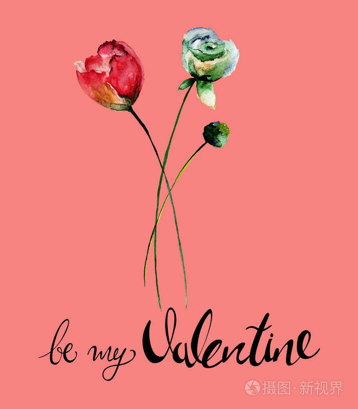 原始的夏季花卉标题是我的情人节, 水彩插图, 与书写贺卡模板