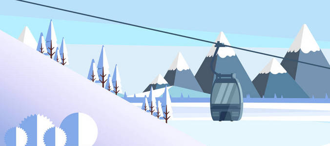 缆车运输绳索方式在山山自然冬天背景横幅与拷贝空间平的向量例证
