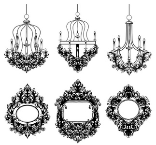 巴洛克吊灯和镜子圆框架。向量法国豪华丰富复杂的饰品。维多利亚皇家风格装饰