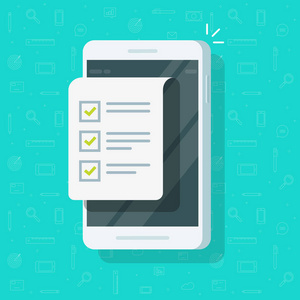 手机和核对表矢量插图, 平板卡通智能手机显示与文件或做列表与复选框