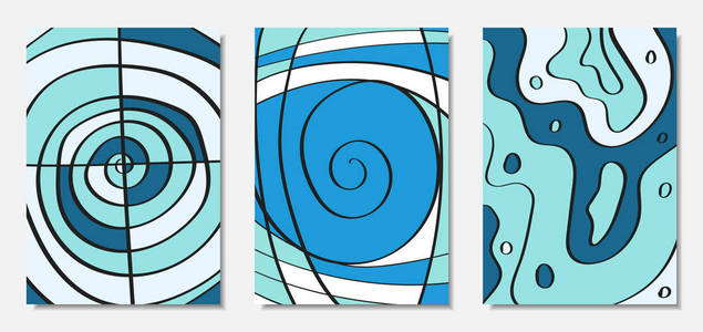 矢量封面设置在手绘风格。蓝色抽象背景与手写波浪线和形状, 螺旋, 点。创意的时髦插画。乱 涂。墙纸的矢量抽象