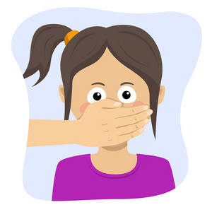 受惊的年轻女孩与成年男子手捂住她的嘴照片