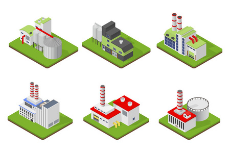 图标和成分的工业建筑 孤立的结构 主题等轴视图，3d