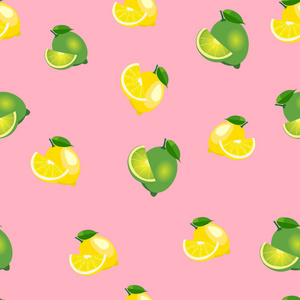 无缝图案柠檬和柠檬与叶子和切片。 Pp