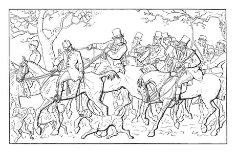 猎人狩猎一群猎人正在移动狩猎, 老式的线条画或雕刻插图照片