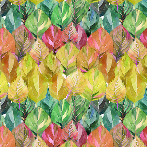 可爱的一群秋叶像彩虹。图形鲜艳的花草秋橙黄叶图案水彩手素描。完美的纺织品, 墙纸, 包装纸