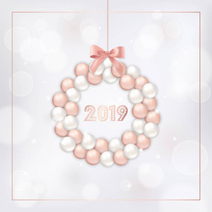 典雅的新年2019卡与玫瑰金色圣诞球花圈邀请, 问候或传单和圣诞小册子