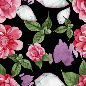 水彩粉红色茶花登山花。花卉植物花。无缝的背景图案。织物墙纸打印纹理。水彩画野花为背景, 纹理, 包装图案, 边框