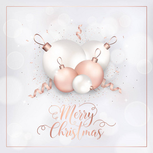 优雅的圣诞贺卡与玫瑰金色圣诞树球邀请, 问候或传单和新年小册子2019