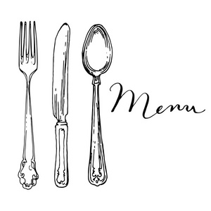 勺子, 叉子和刀厨房的东西银器古董手画插图墨水涂鸦素描