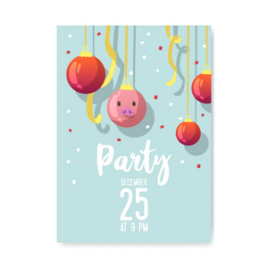 新年快乐海报。可爱的猪象征2019年年。贺卡横幅, 请柬, 海报模板。矢量插图