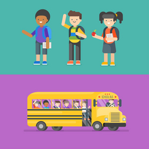 矢量图的孩子在学校和公交车