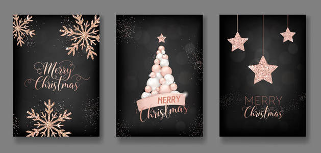 矢量收集圣诞贺卡与玫瑰金色闪光圣诞球星圣诞树传单和新年小册子2019