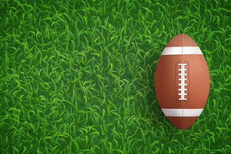 美式足球球在绿草纹理背景。矢量插图
