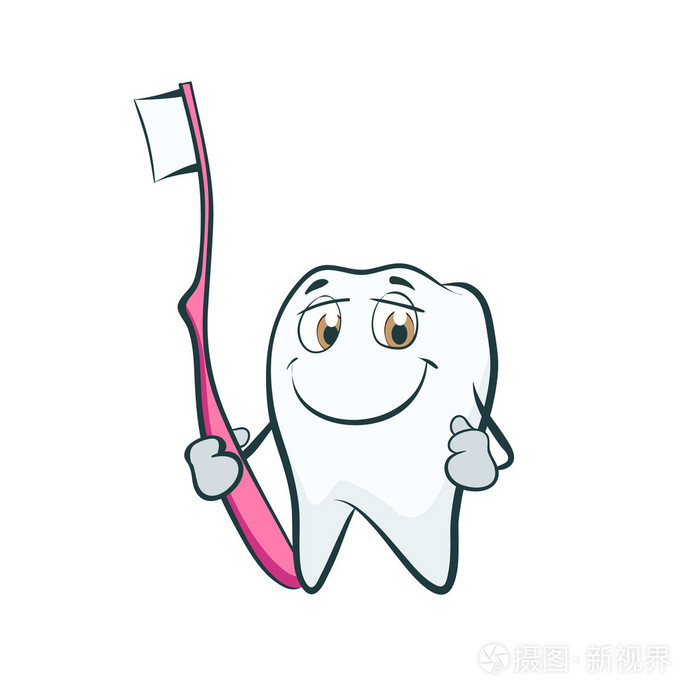 微笑着用牙刷卡通人物的牙齿