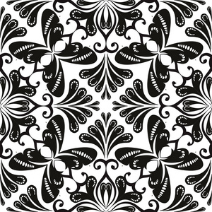 黑白抽象花矢量无缝图案.观赏复古单色背景.