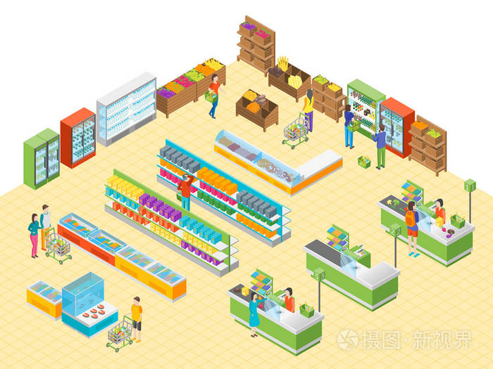 超市或商店内部与家具等距视图.矢量