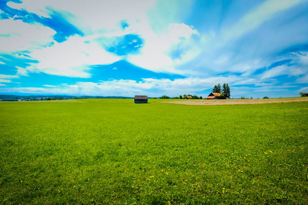 新鲜的草甸风景。绿草田野上的小山丘和蓝天白云
