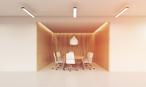 会议室，有木制墙壁，大桌子，白色皮革