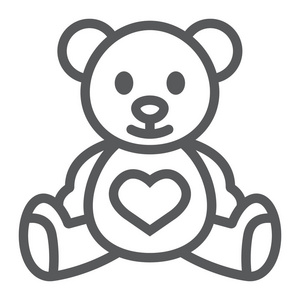 在白色背景的线性图案泰迪熊软玩具与心线图标轮廓矢量符号线形象