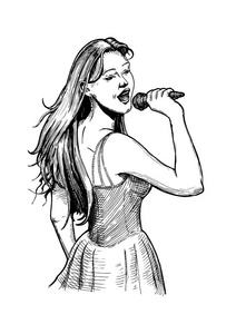 矢量手画插图的年轻女孩歌手在老式雕刻风格.在白色背景上被隔离照片