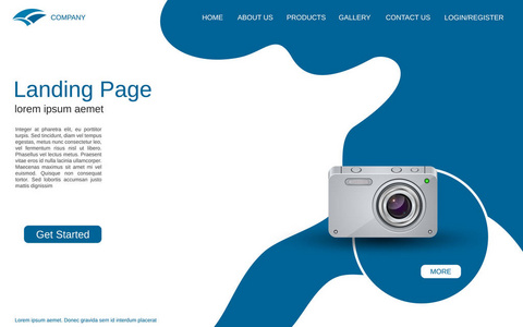 网站登陆页面矢量模板。白色蓝色背景与逼真的相片照相机例证