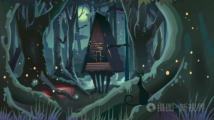 梦幻般的万圣节森林插图暗夜女巫树