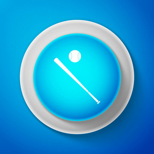 白色棒球球和蝙蝠图标被隔离在蓝色背景。圆圈蓝色按钮与白色线。矢量插图