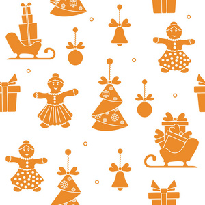 与圣诞节和新年符号无缝模式。圣诞树折纸, 姜饼人, 铃铛, 球, 雪橇, 礼物