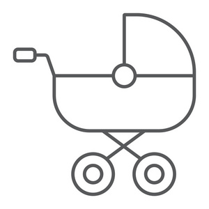 婴儿马车细线图标, 儿童和婴儿车, 越野车符号, 矢量图形, 一个白色背景的线性模式