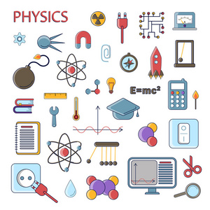 一套科学的物理矢量平面图标, 物理教育符号在色彩可爱的设计与物理元素的移动概念和网络应用。收藏可爱的科学物理和 knowleng