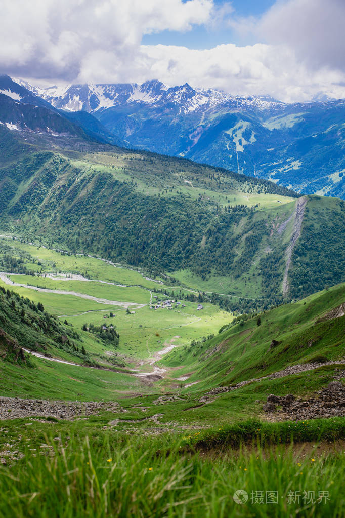 美丽的山风景与新鲜的绿色草