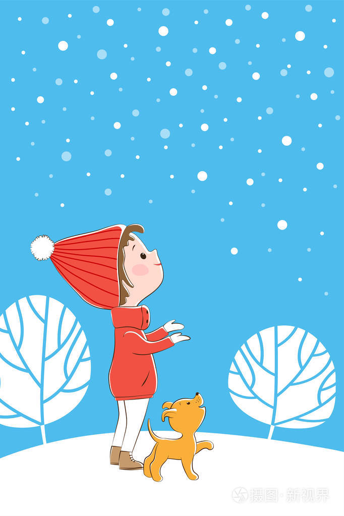 和红色针织帽和小红褐色小狗看着雪花落在一个浅蓝色的天空和冬季树木