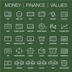 图标集的货币 金融和值的区域。粗线和细线。颜色白色