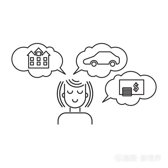 女人梦想家, 金钱和汽车, 线矢量薄气泡图标, 女孩思考未来插画-正版