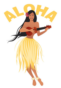 美丽和微笑的夏威夷女孩穿着裙子的树叶演奏四弦琴孤立的白色背景。复古风格