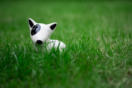 绿色草坪上的白色陶瓷狗玩具