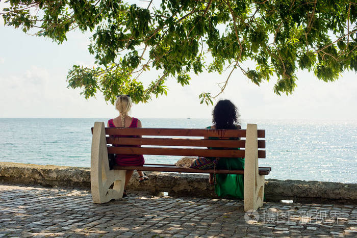 两个女孩, 一个金发女郎和一个黑发人坐在长椅上看着大海.从后面查看