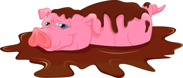 与人和动物的农业概念形象卡通小猪玩在泥塘里泥场景图中的猪和疣猪