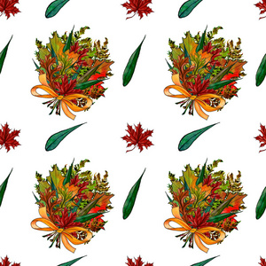 水彩手画感恩节无缝图案。枫树和橡树叶, 树枝, 花束。秋季无缝图案