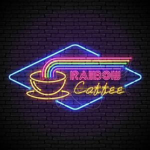 黄色的招牌酒吧蓝框闪耀的彩虹霓虹咖啡招牌照片