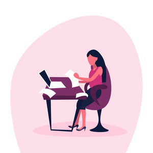 女实业家使用膝上型电脑办公办公桌工作场所文书报告财务业务会计工作流程女性卡通人物公寓