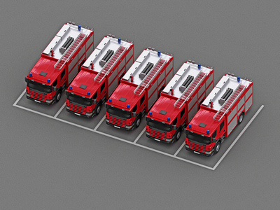 用一组消防车停车。3d 渲染