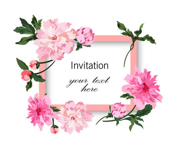 邀请卡与粉红色和淡奶油牡丹。白色背景上有叶子的五颜六色的花朵。手绘矢量图