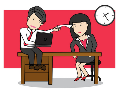 有趣的员工员工与女同事讨论工作.有趣的矢量的概念照片