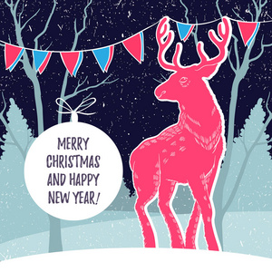 圣诞插图与驯鹿和雪林。卡片的设计。新年。恭喜你, 祝你万事如意。手绘