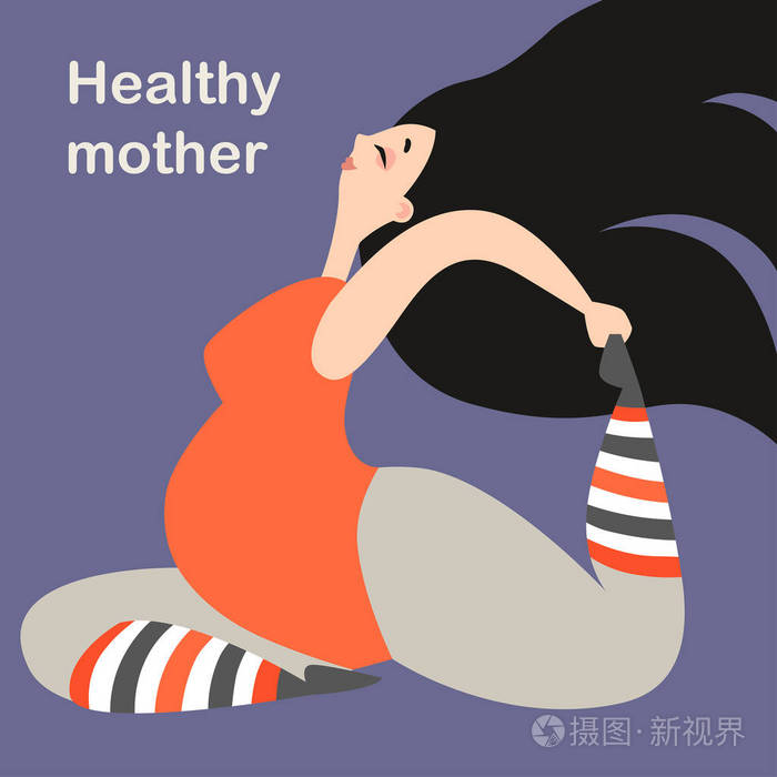 一个怀孕的女人做瑜伽.卡通风格中的矢量插画