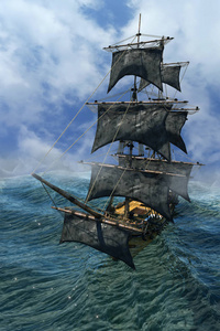 海盗船在海上航行, 3d 渲染照片