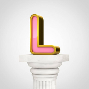 金色柱子金色字母 l 大写, 3d 渲染粉红色字体与金色轮廓在白色的背景